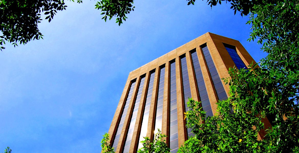 Building Background: A large, international style building seen through green trees against a blue sky.