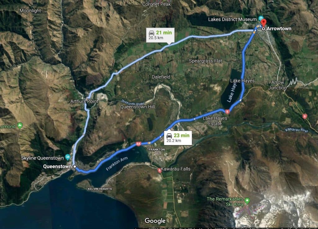 A Google satellite map of the road from Queenstown to Arrowtown, New Zealand, past Lake Hayes and Arrow Junction