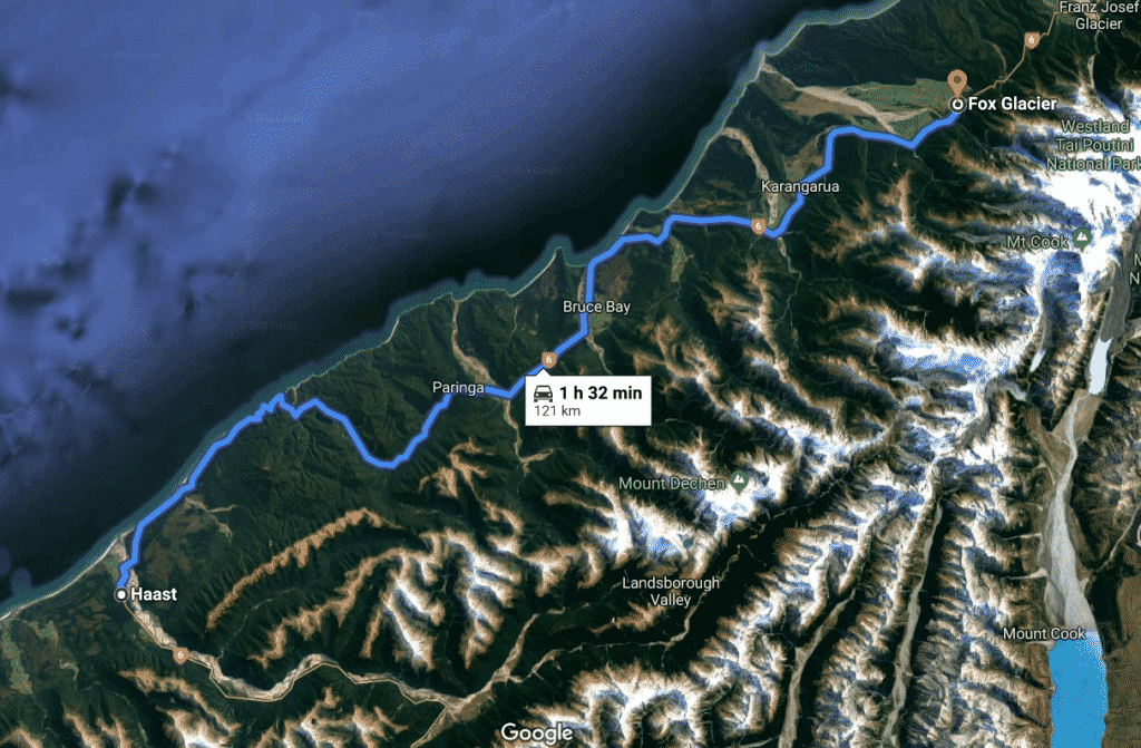 New Zealand Road Trip - New Zealand Beaches: Makarora to Fox Glacier. A Google Satellite image of the road between Haast and Fox Glacier, New Zealand, including Mt. Cook, the highest point in New Zealand, and Westland Tai Poutini National Park