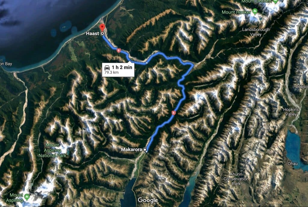 New Zealand Road Trip - New Zealand Beaches: Makarora to Fox Glacier. A Google satellite map of the drive from Makarora to Haast, New Zealand