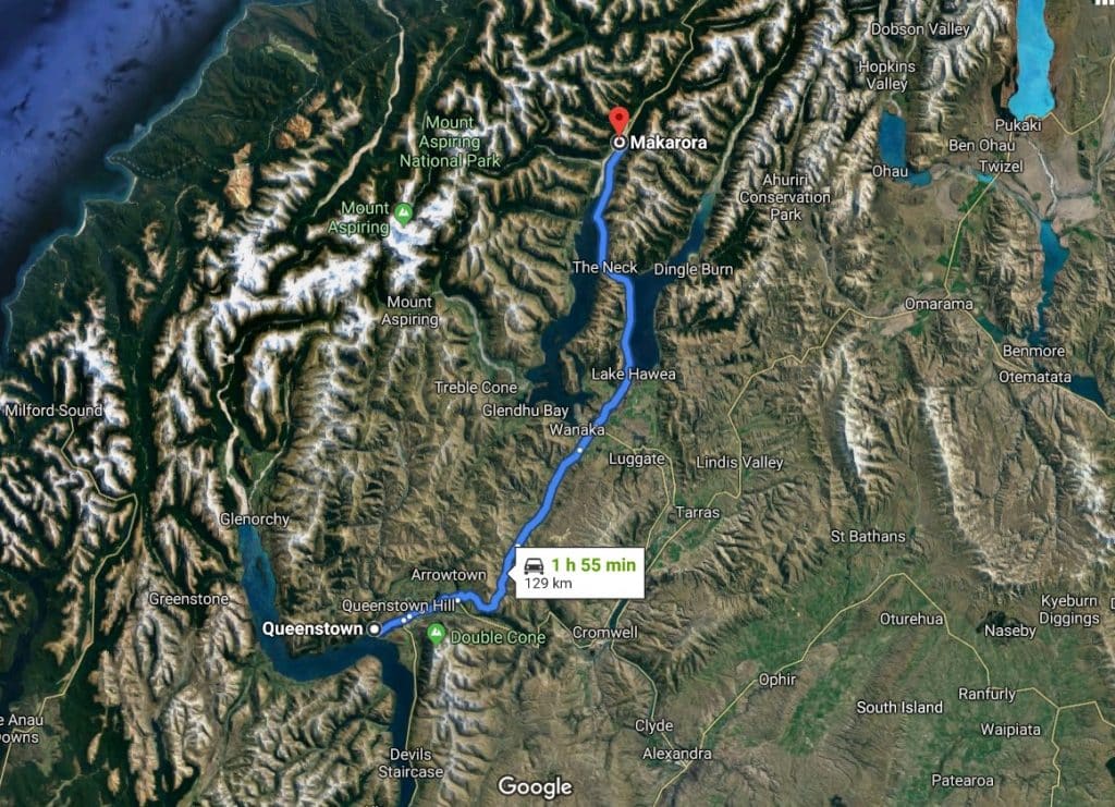 New Zealand South Island Tour - Makarora West. A Google satellite map showing the driving route from Queenstown to Wanaka to Makarora, New Zealand