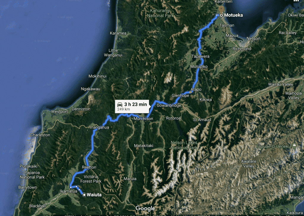 Brunner, Waiuta, and Motueka. A google satellite image of the drive from the ghost town/gold mining town of Waiuta to Motueka on the South Island North Shore, through Tapawera, Motupiko, Atapo, Glenhope, Gowanbridge, Murchison, Inangahua, and Reefton. The Nelson Lakes National Park and Awatere Valley are visible to the East, and Kahurangi National Park is to the Northwest of the scenic drive.