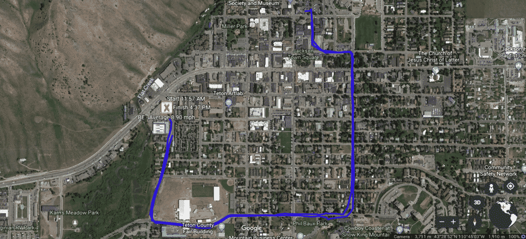 A google earth satellite image of our bike route from Hoback Sports to downtown Jackson, Wyoming. Click on the image to view the Google Earth route, including street view