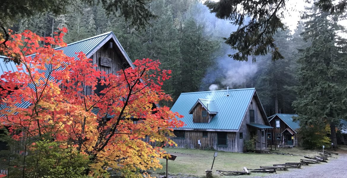 Oregon Life - Road Trips Oregon. The Ancient Forest Center at Opal Creek, Oregon, in the Opal Creek Wilderness. Historic cabins at Opal Creek can be reserved and rented. Changing fall leaves in the foreground contrast with the green tin roofs of the cabins, with smoke swirling above them at dusk in the mountains.